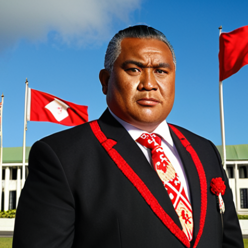 **Prompt:** A formal portrait of a modern Tongan Prime Minister, wearing traditional attire with subtle modern accents. The background should subtly feature the Tongan flag and Parliament building. The lighting should be professional and convey dignity and strength.