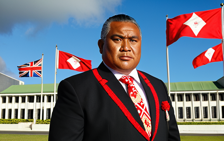 **Prompt:** A formal portrait of a modern Tongan Prime Minister, wearing traditional attire with subtle modern accents. The background should subtly feature the Tongan flag and Parliament building. The lighting should be professional and convey dignity and strength.