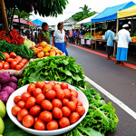 **Image Prompt:** A vibrant outdoor market scene in Tonga. Focus on colorful fruits and vegetables. Include caution tape or a red "X" icon subtly placed over a pile of leafy greens to represent potential pesticide concerns. The overall feeling should be inviting yet subtly cautionary.