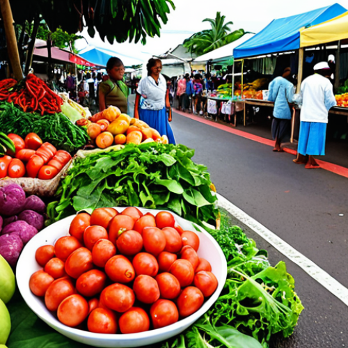 **Image Prompt:** A vibrant outdoor market scene in Tonga. Focus on colorful fruits and vegetables. Include caution tape or a red "X" icon subtly placed over a pile of leafy greens to represent potential pesticide concerns. The overall feeling should be inviting yet subtly cautionary.