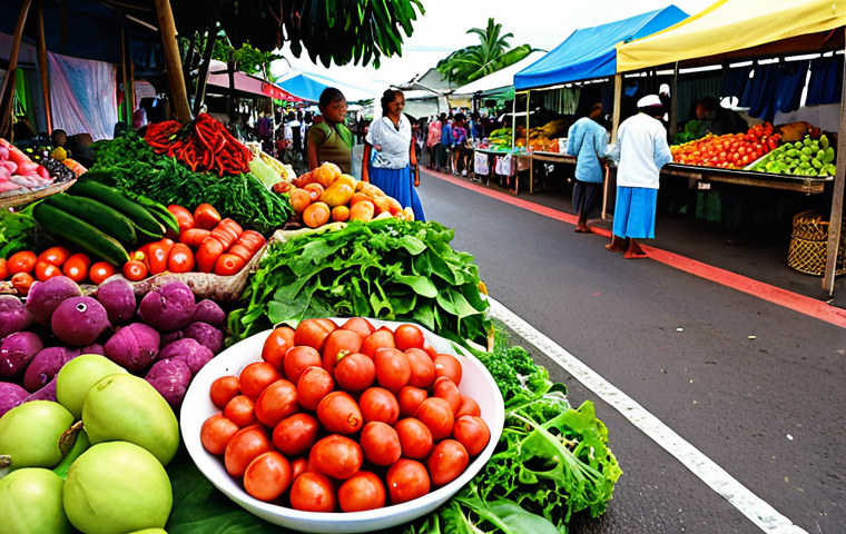 **Image Prompt:** A vibrant outdoor market scene in Tonga. Focus on colorful fruits and vegetables. Include caution tape or a red "X" icon subtly placed over a pile of leafy greens to represent potential pesticide concerns. The overall feeling should be inviting yet subtly cautionary.